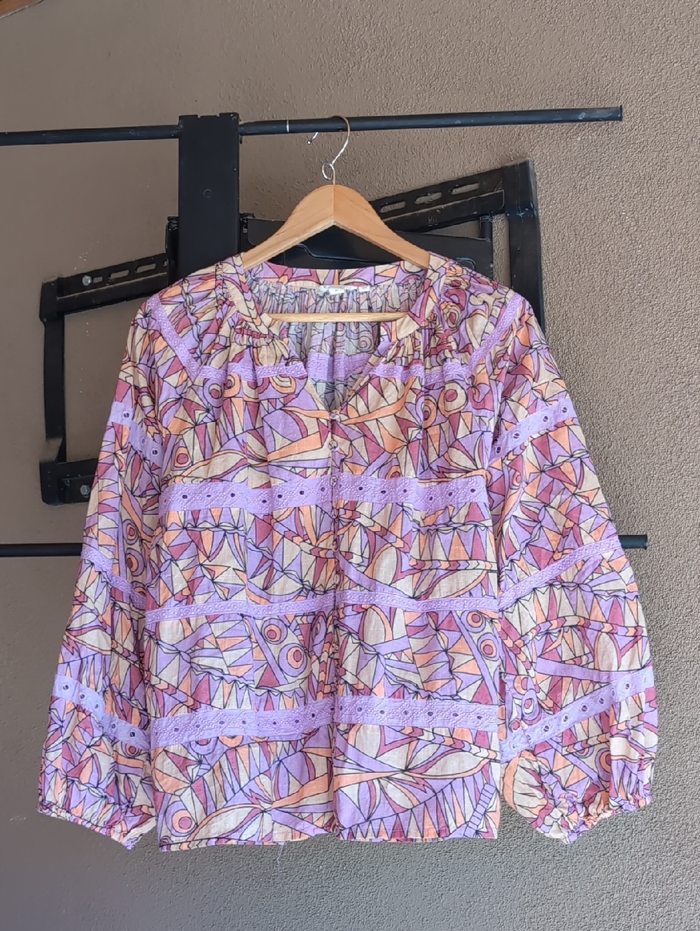 Let Me Be Patterned Lavender Geometric Peasant Blouse 100% Cotton